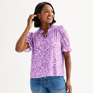 Draper‎ James Lilac Purple Ditsy Floral Tie Front Blouse Top Size XXL